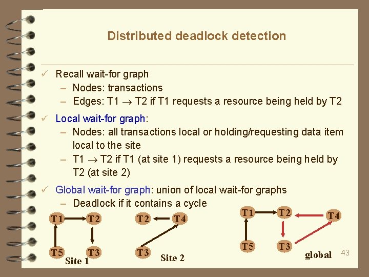 Distributed deadlock detection Recall wait-for graph – Nodes: transactions – Edges: T 1 T