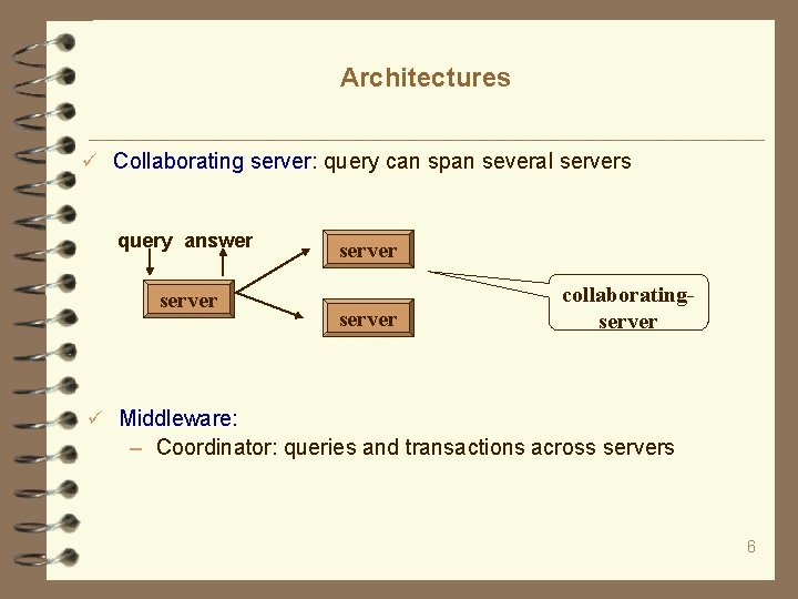 Architectures Collaborating server: query can span several servers query answer server collaboratingserver Middleware: –