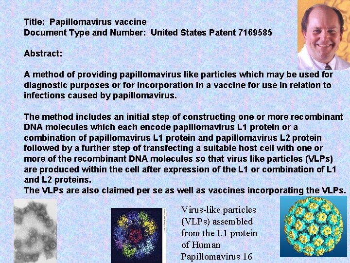 Title: Papillomavirus vaccine Document Type and Number: United States Patent 7169585 Abstract: A method