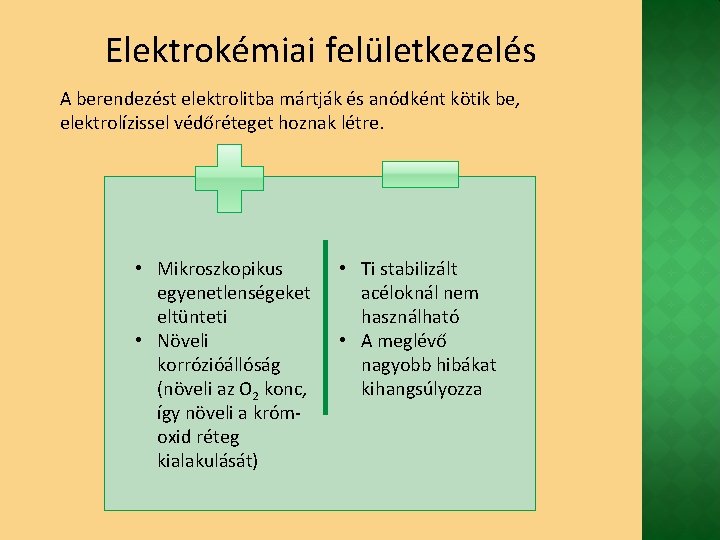 Elektrokémiai felületkezelés A berendezést elektrolitba mártják és anódként kötik be, elektrolízissel védőréteget hoznak létre.