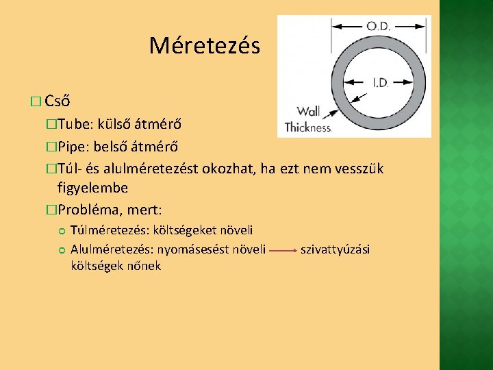 Méretezés � Cső �Tube: külső átmérő �Pipe: belső átmérő �Túl- és alulméretezést okozhat, ha