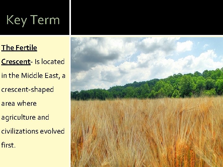 Key Term The Fertile Crescent- Is located in the Middle East, a crescent-shaped area