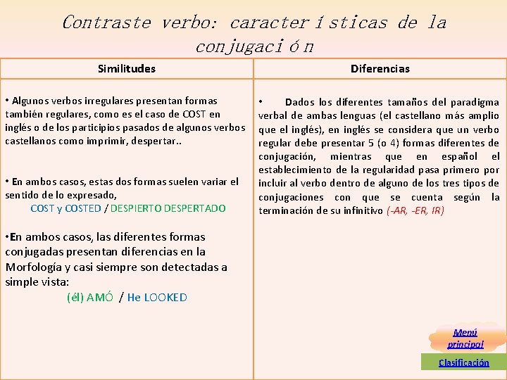 Contraste verbo: características de la conjugación Similitudes Diferencias • Algunos verbos irregulares presentan formas Contraste verbo: características de la conjugación Similitudes Diferencias • Algunos verbos irregulares presentan formas