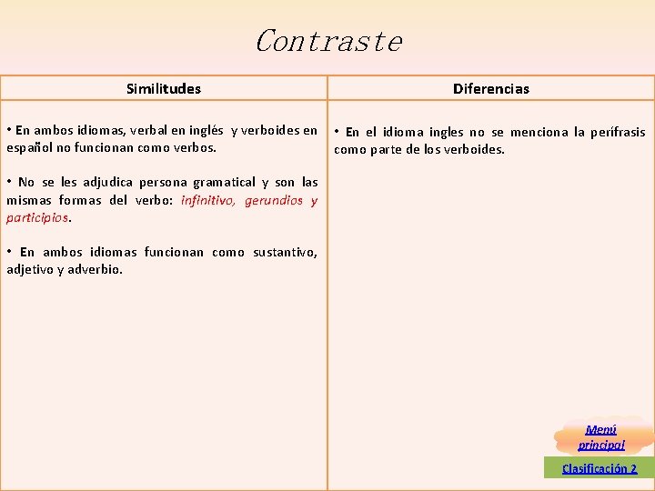 Contraste Similitudes Diferencias • En ambos idiomas, verbal en inglés y verboides en • Contraste Similitudes Diferencias • En ambos idiomas, verbal en inglés y verboides en •