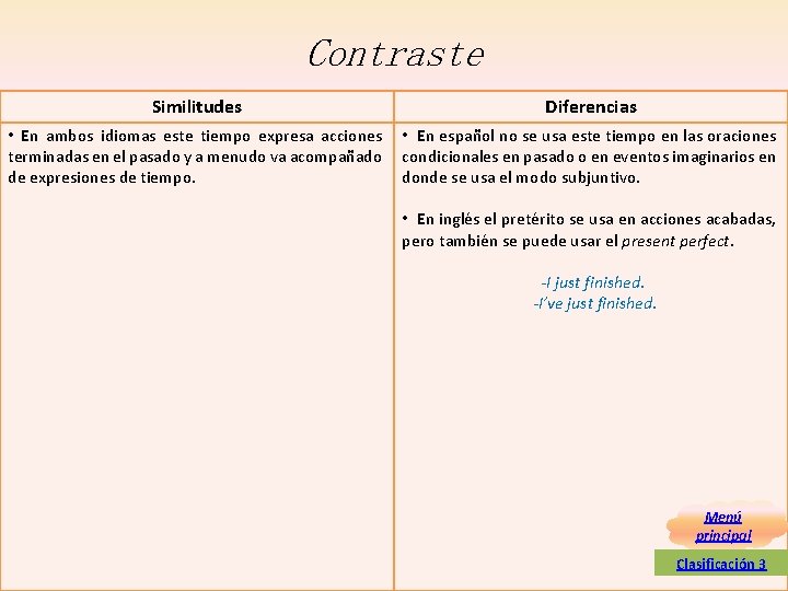 Contraste Similitudes Diferencias • En ambos idiomas este tiempo expresa acciones • En español Contraste Similitudes Diferencias • En ambos idiomas este tiempo expresa acciones • En español