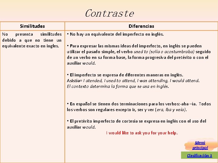 Contraste Similitudes Diferencias No presenta similitudes • No hay un equivalente del imperfecto en Contraste Similitudes Diferencias No presenta similitudes • No hay un equivalente del imperfecto en