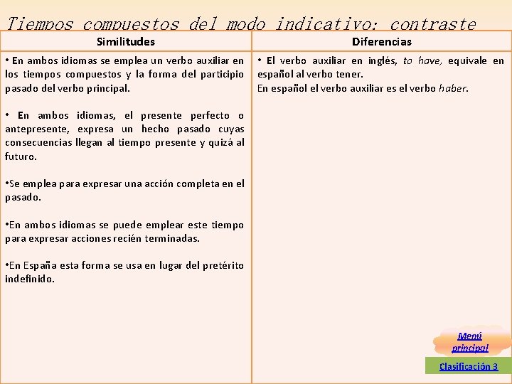 Tiempos compuestos del modo indicativo: contraste Similitudes Diferencias • En ambos idiomas se emplea Tiempos compuestos del modo indicativo: contraste Similitudes Diferencias • En ambos idiomas se emplea