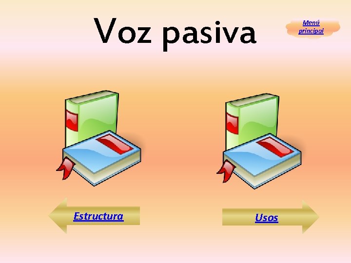 Voz pasiva Estructura Usos Menú principal Voz pasiva Estructura Usos Menú principal