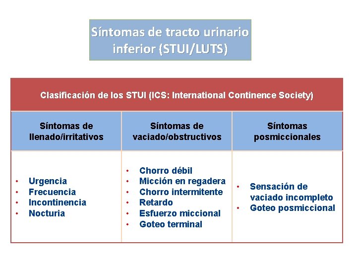 Síntomas de tracto urinario inferior (STUI/LUTS) Clasificación de los STUI (ICS: International Continence Society)