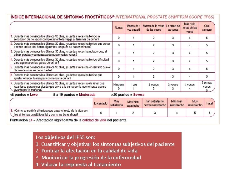 Los objetivos del IPSS son: 1. Cuantificar y objetivar los síntomas subjetivos del paciente