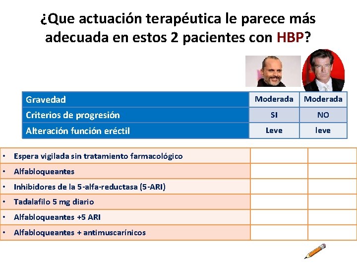 ¿Que actuación terapéutica le parece más adecuada en estos 2 pacientes con HBP? Gravedad