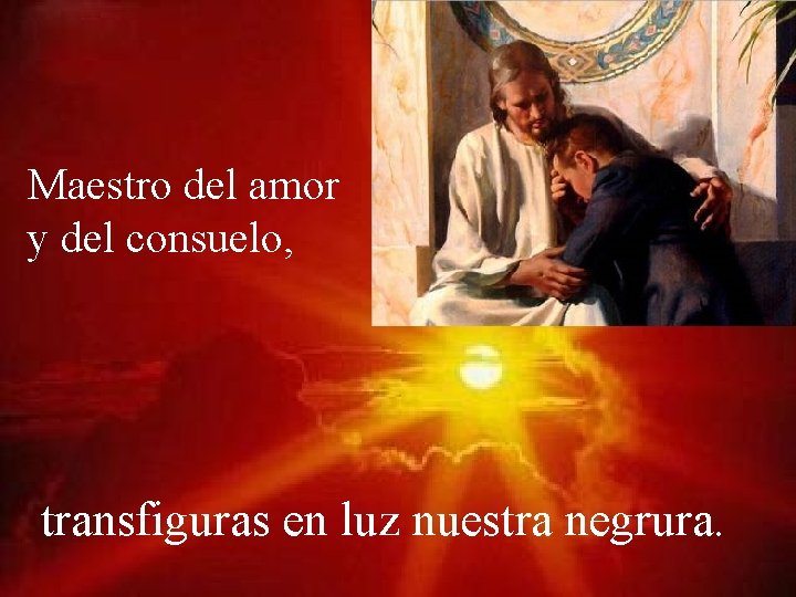 Maestro del amor y del consuelo, transfiguras en luz nuestra negrura. 
