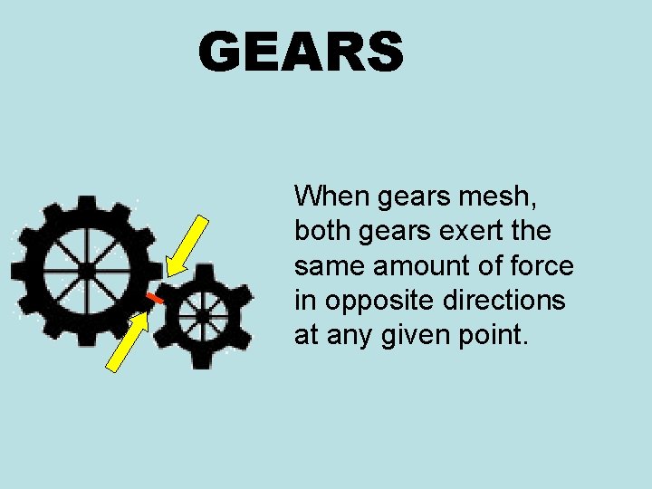 GEARS When gears mesh, both gears exert the same amount of force in opposite