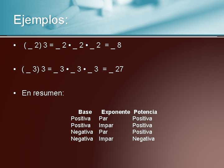 Ejemplos: • ( _ 2) 3 = _ 2 • _ 2 = _