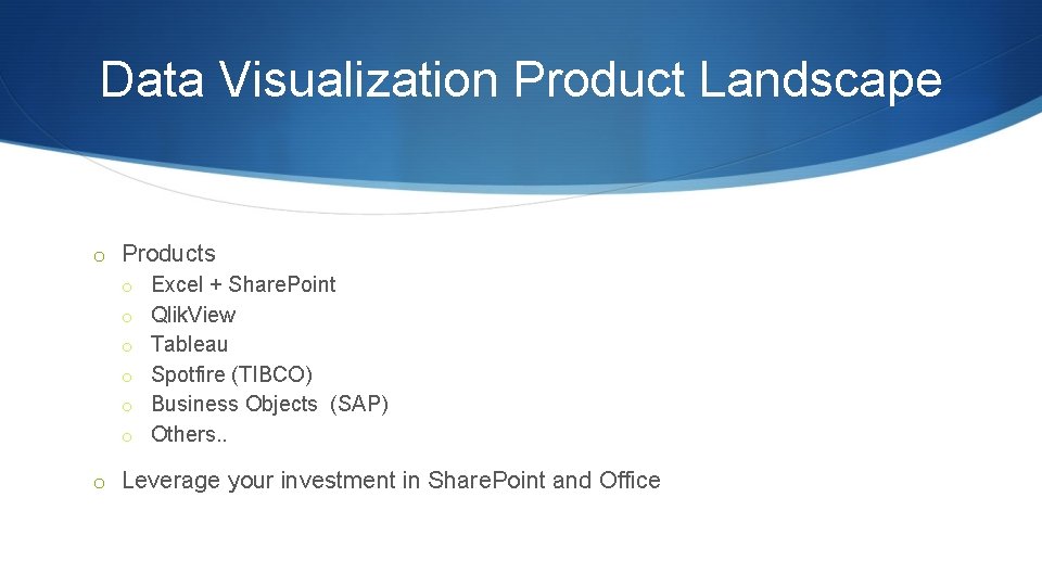 Data Visualization Product Landscape o Products o Excel + Share. Point o Qlik. View Data Visualization Product Landscape o Products o Excel + Share. Point o Qlik. View