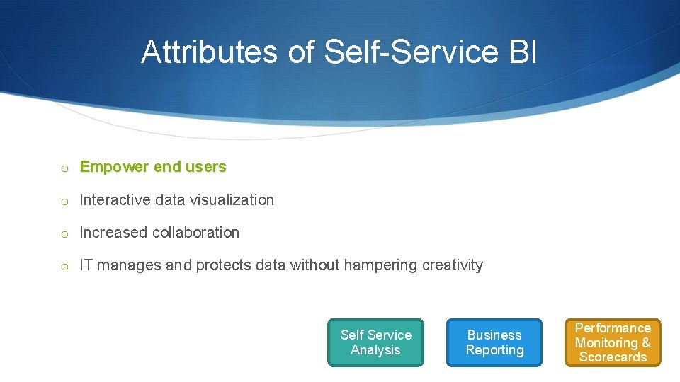 Attributes of Self-Service BI o Empower end users o Interactive data visualization o Increased Attributes of Self-Service BI o Empower end users o Interactive data visualization o Increased