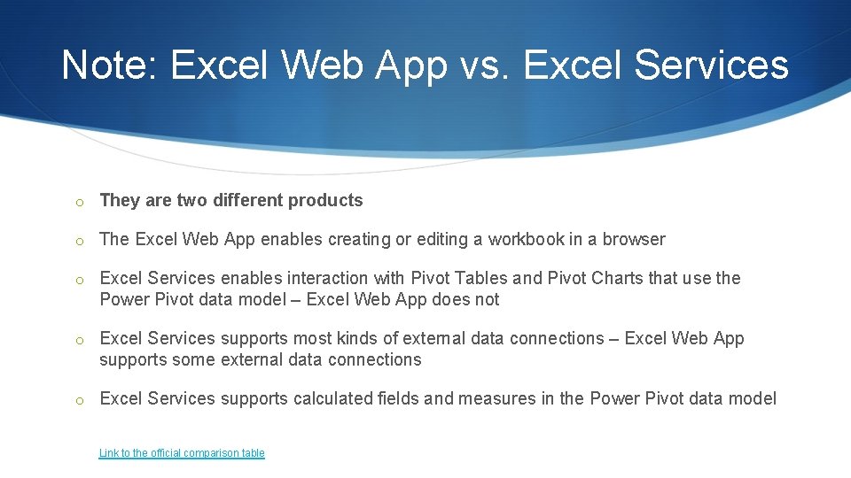 Note: Excel Web App vs. Excel Services o They are two different products o Note: Excel Web App vs. Excel Services o They are two different products o