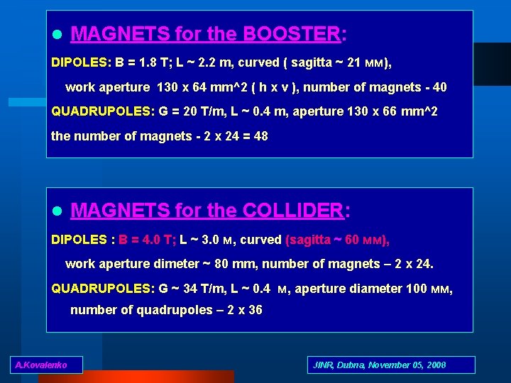 MAGNETS for the BOOSTER: l DIPOLES: В = 1. 8 Т; L ~ 2.