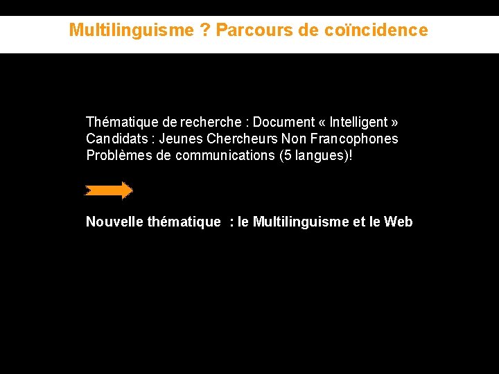 Multilinguisme ? Parcours de coïncidence Thématique de recherche : Document « Intelligent » Candidats