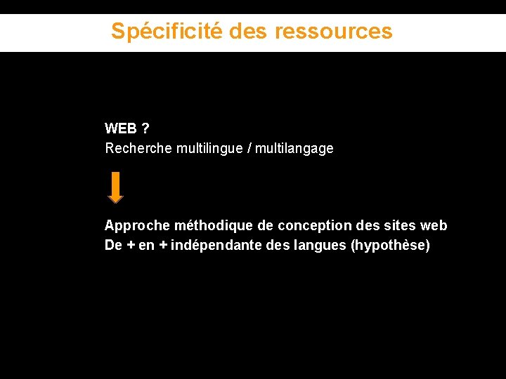 Spécificité des ressources WEB ? Recherche multilingue / multilangage Approche méthodique de conception des