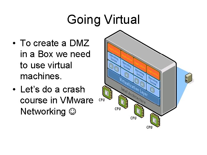 Going Virtual • To create a DMZ in a Box we need to use