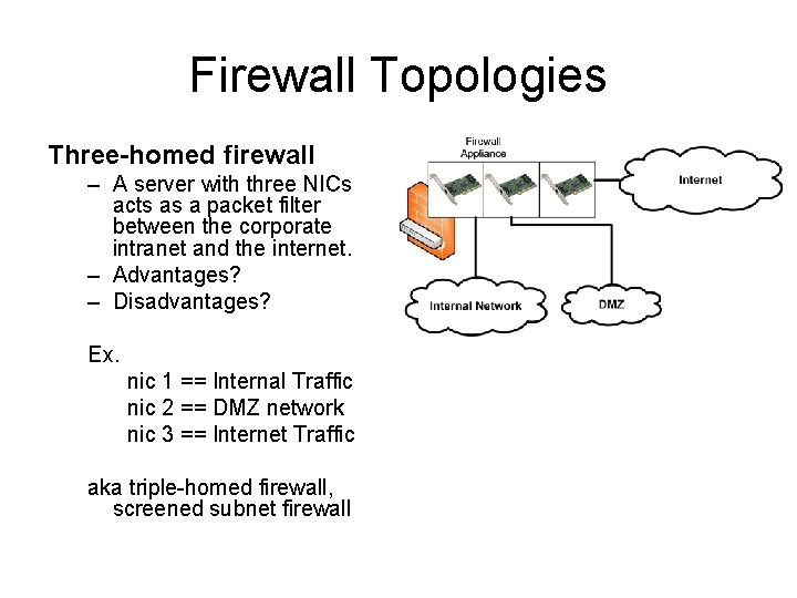 Firewall Topologies Three-homed firewall – A server with three NICs acts as a packet