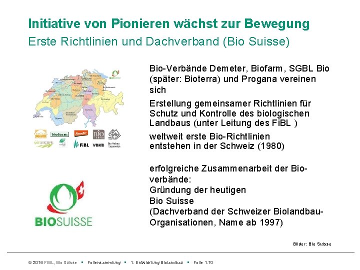 Initiative von Pionieren wächst zur Bewegung Erste Richtlinien und Dachverband (Bio Suisse) Bio-Verbände Demeter,