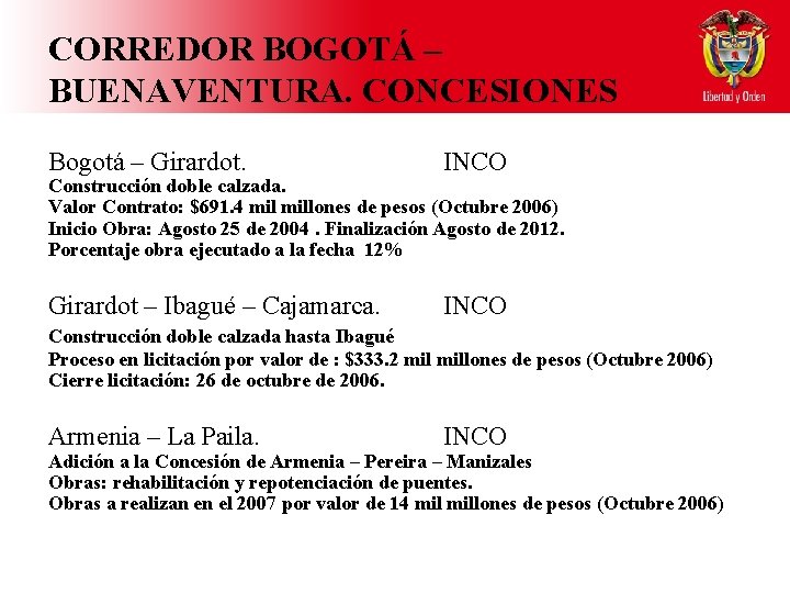 CORREDOR BOGOTÁ – BUENAVENTURA. CONCESIONES Bogotá – Girardot. INCO Girardot – Ibagué – Cajamarca.