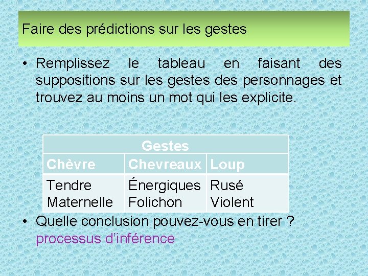 Faire des prédictions sur les gestes • Remplissez le tableau en faisant des suppositions