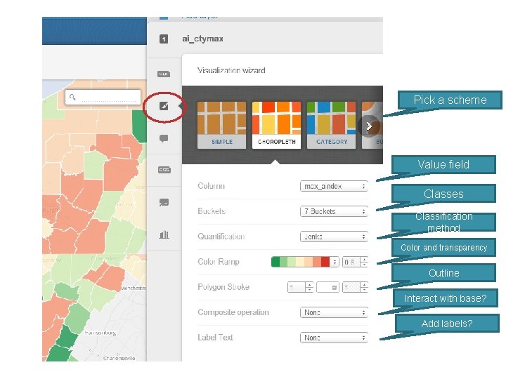 Pick a scheme Value field Classes Classification method Color and transparency Outline Interact with