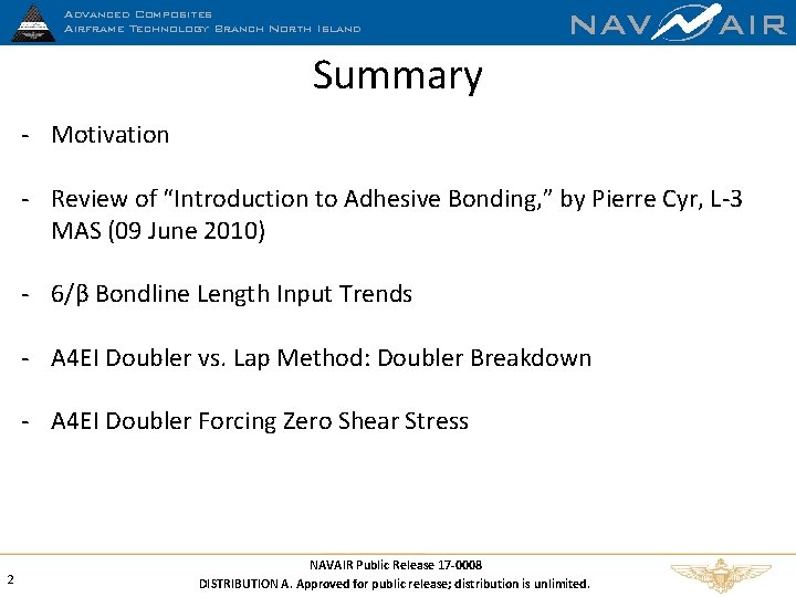 Advanced Composites Airframe Technology Branch North Island NAV AIR Summary ‐ Motivation ‐ Review