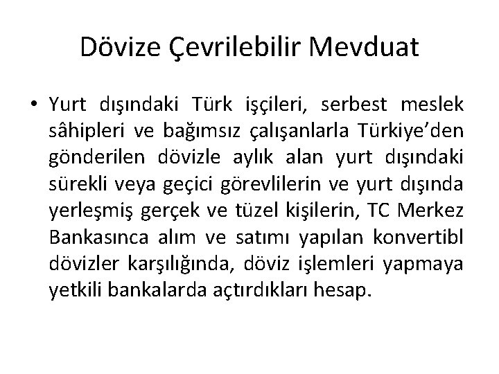 Dövize Çevrilebilir Mevduat • Yurt dışındaki Türk işçileri, serbest meslek sâhipleri ve bağımsız çalışanlarla
