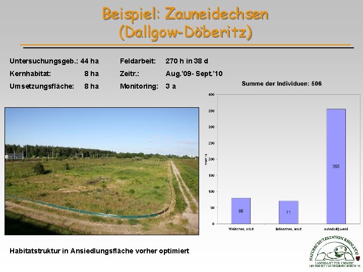 Beispiel: Zauneidechsen (Dallgow-Döberitz) Untersuchungsgeb. : 44 ha Feldarbeit: 270 h in 38 d Kernhabitat: