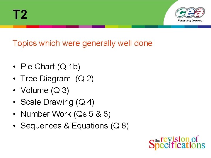 T 2 Topics which were generally well done • • • Pie Chart (Q