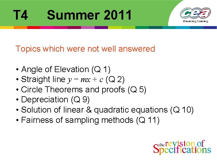 T 4 Summer 2011 Topics which were not well answered • Angle of Elevation