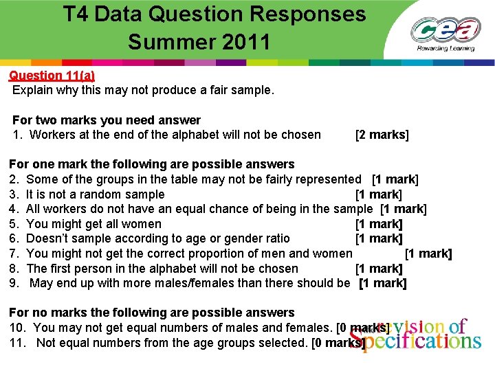  T 4 Data Question Responses Summer 2011 Question 11(a) Explain why this may