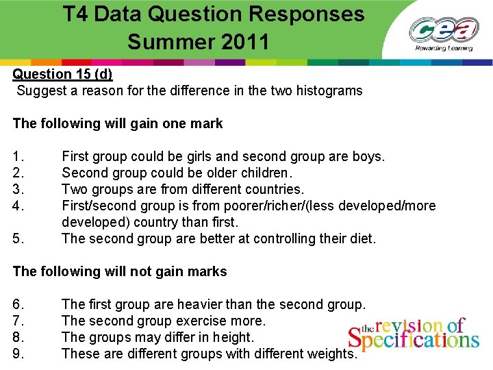  T 4 Data Question Responses Summer 2011 Question 15 (d) Suggest a reason