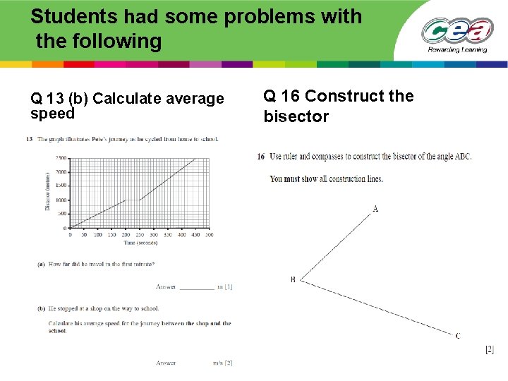 Students had some problems with the following Q 13 (b) Calculate average speed Q