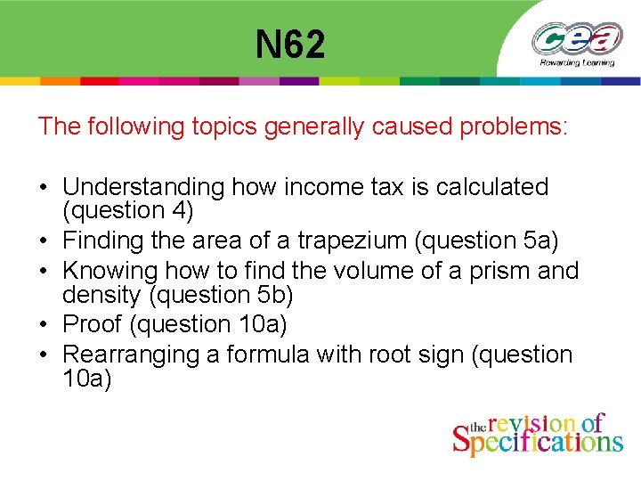  N 62 The following topics generally caused problems: • Understanding how income tax