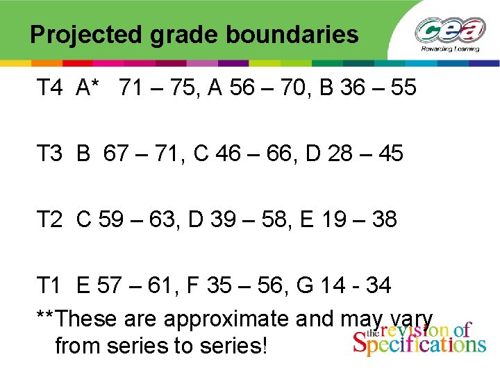 Projected grade boundaries T 4 A* 71 – 75, A 56 – 70, B