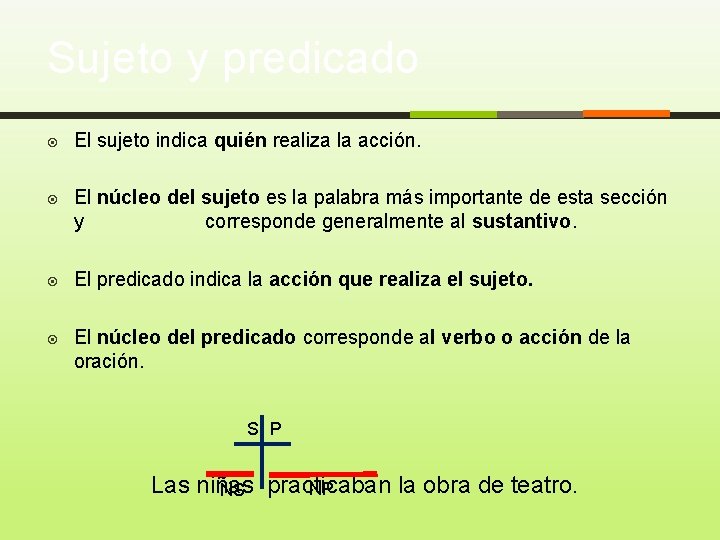 Sujeto y predicado El sujeto indica quién realiza la acción. El núcleo del sujeto