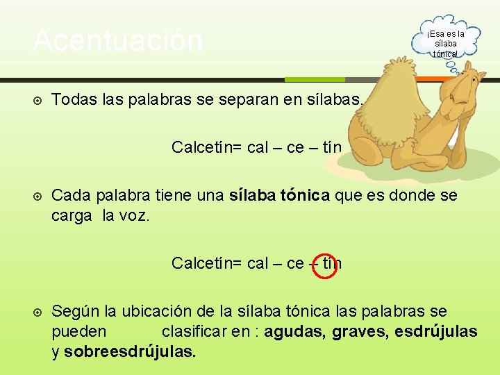Acentuación ¡Esa es la sílaba tónica! Todas las palabras se separan en sílabas. Calcetín=