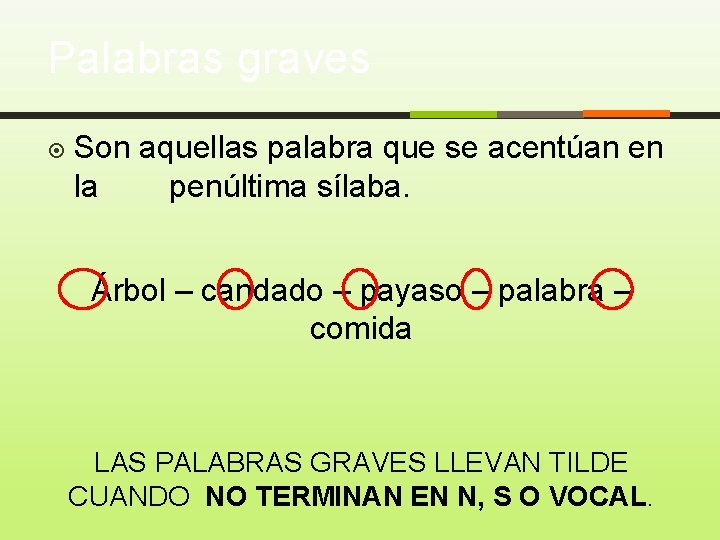 Palabras graves Son aquellas palabra que se acentúan en la penúltima sílaba. Árbol –