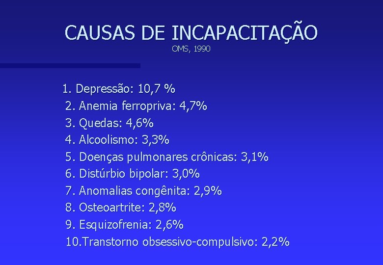 CAUSAS DE INCAPACITAÇÃO OMS, 1990 1. Depressão: 10, 7 % 2. Anemia ferropriva: 4,