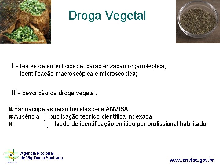 Droga Vegetal I - testes de autenticidade, caracterização organoléptica, identificação macroscópica e microscópica; II