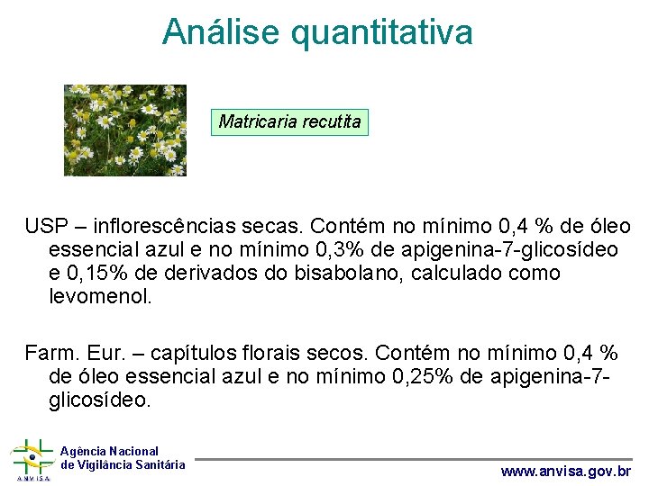 Análise quantitativa Matricaria recutita USP – inflorescências secas. Contém no mínimo 0, 4 %