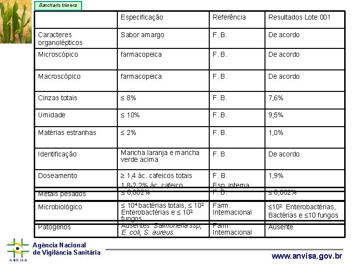 Baccharis trimera Especificação Referência Resultados Lote 001 Caracteres organolépticos Sabor amargo F. B. De