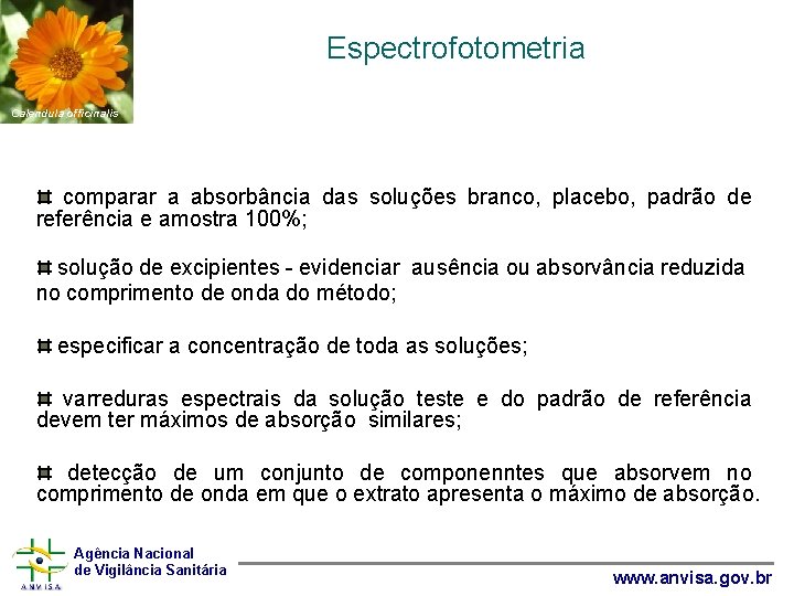 Espectrofotometria Calendula officinalis comparar a absorbância das soluções branco, placebo, padrão de referência e