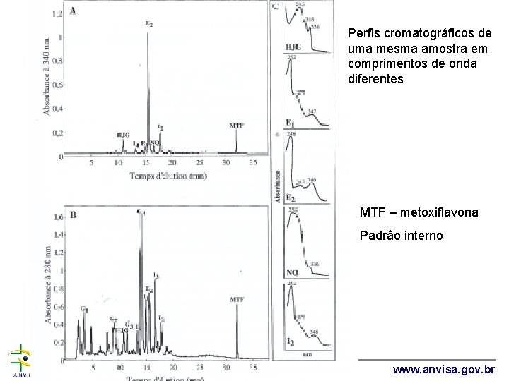 Perfis cromatográficos de uma mesma amostra em comprimentos de onda diferentes MTF – metoxiflavona