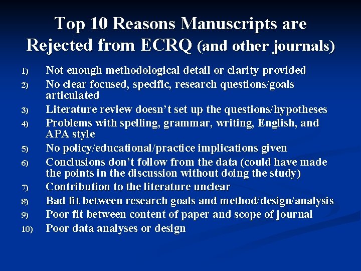 Top 10 Reasons Manuscripts are Rejected from ECRQ (and other journals) 1) 2) 3)